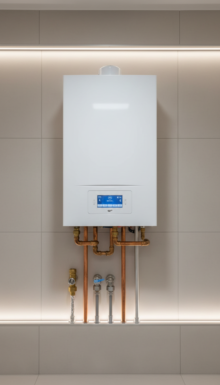 A modern, wall-mounted gas boiler system with a pristine white casing and a digital interface screen, securely installed within a freshly renovated utility room. The boiler is centered on a backdrop of smooth, neutral-toned wall panels, with neatly organized pipes emerging from below. Subtle, even lighting illuminates the unit and creates soft reflected highlights while minimizing shadows, keeping the mood serene and efficient. Photographed with a balanced, symmetrical composition at chest height, the image features a crisp, clean look that speaks to technological proficiency and reliability, capturing the essence of a professional plumbing business with a sharp, photographic style.
