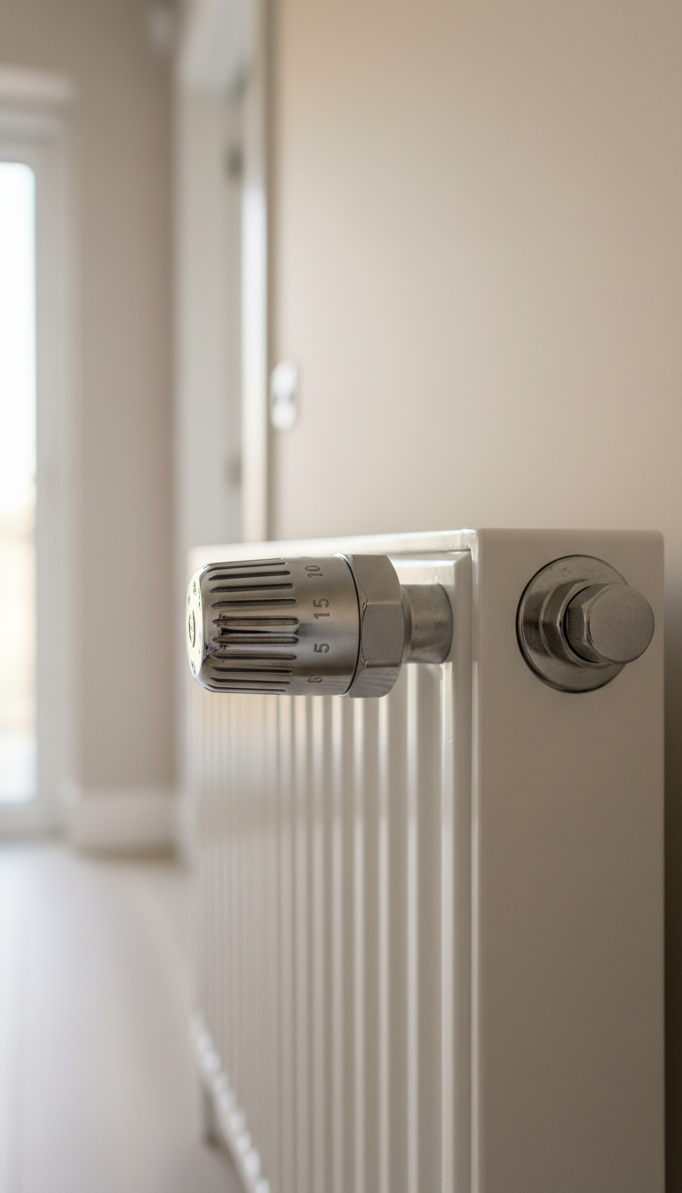 A close-up view of a newly installed chrome thermostatic radiator valve attached to a white panel radiator, with the textured finish of the valve and the subtle warmth of the radiator’s paintwork clearly visible. The setting is an immaculate, minimally decorated residential hallway with a pale, neutral wall color. Soft afternoon light from an adjacent window gently highlights the metallic surfaces, producing a clean, inviting atmosphere. Shot from a low angle with shallow depth of field, focusing attention on the valve’s precision detailing and structured craftsmanship. The composition embodies a clean, corporate style and photographic realism, reinforcing the site's emphasis on professional heating installations.