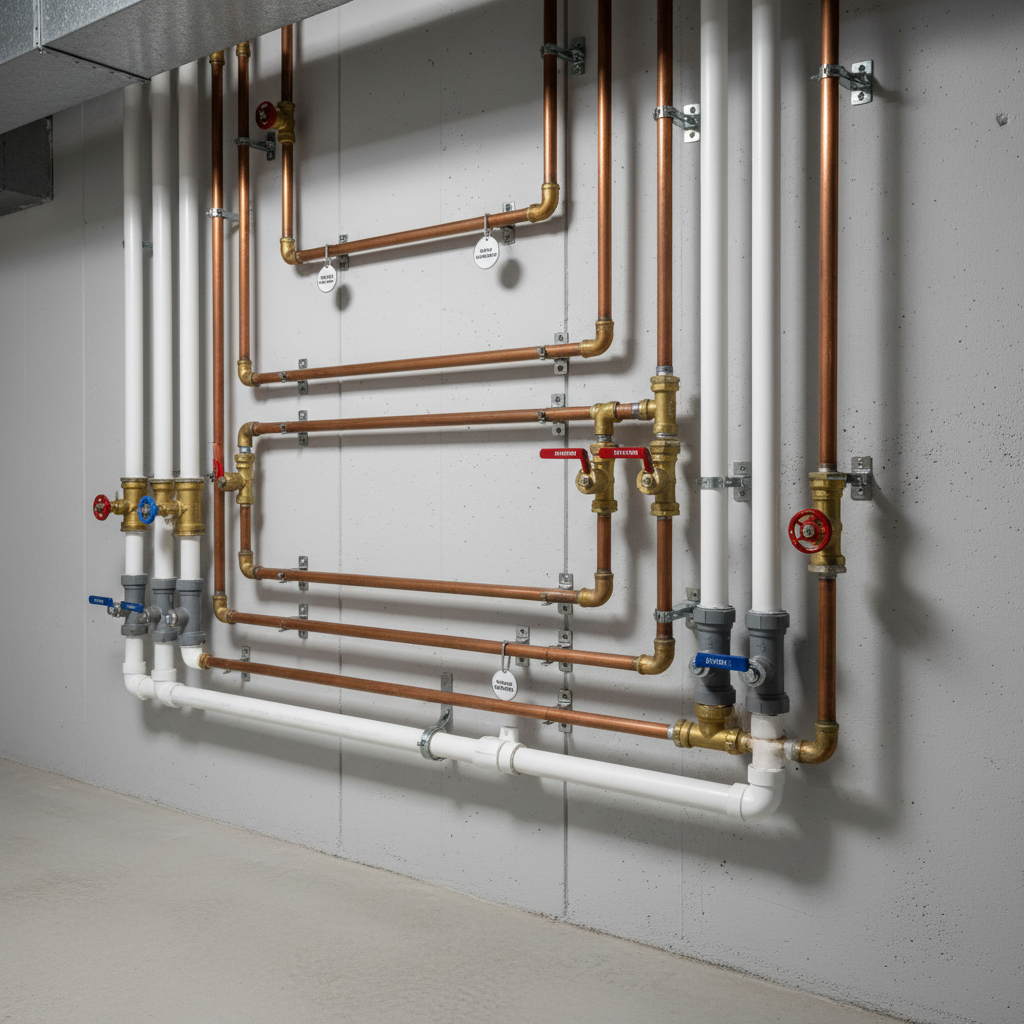 A selection of precisely installed copper and PVC pipes, meticulously aligned along a crisp concrete basement wall, each pipe featuring polished metal joints and labeled shutoff valves. The pipes are displayed in orderly, horizontal and vertical runs, set against a pale-grey painted backdrop. Soft white overhead studio lighting ensures every detail is visible, creating gentle, uniform shadows and reinforcing the sense of order and expertise. Shot from a slightly elevated, wide-angle perspective with sharp focus throughout, highlighting the structured layout. The image conveys reliability and trustworthiness, fitting for a professional plumbing services business, with a corporate realism and neutral tones dominating the scene.